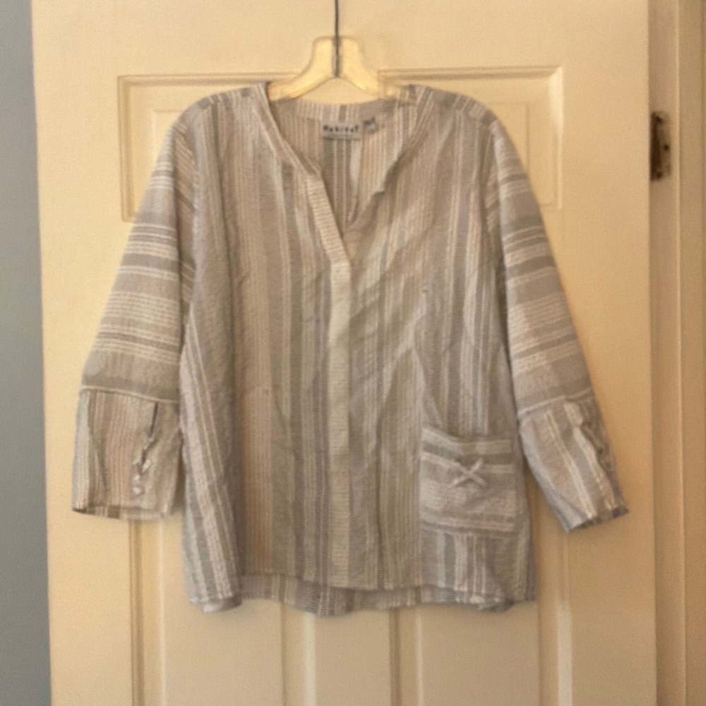 Habitat Striped Seersucker Tunic Top L White Lagenlook Coastal Boho  Artsy